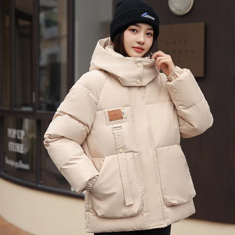 Зимняя толстая теплая куртка-пуховик с воротником-стойкой, Женская парка, Корейская хлопковая куртка на пуху с длинным рукавом, Верхняя одежда с карманами, черная