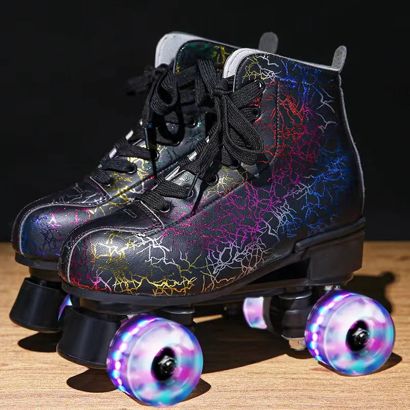 Кожаные двухрядные роликовые коньки с принтом, обувь Patins для взрослых, Флэш-четырехколесные Раздвижные тренировочные кроссовки для катания на роликовых коньках