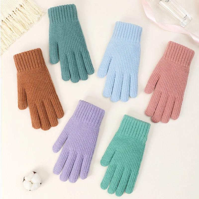 Осенне-зимние женские перчатки с полными пальцами, Шерстяные вязаные Перчатки с пятью пальцами, Варежки, перчатки с сенсорным экраном, велосипедные рабочие перчатки