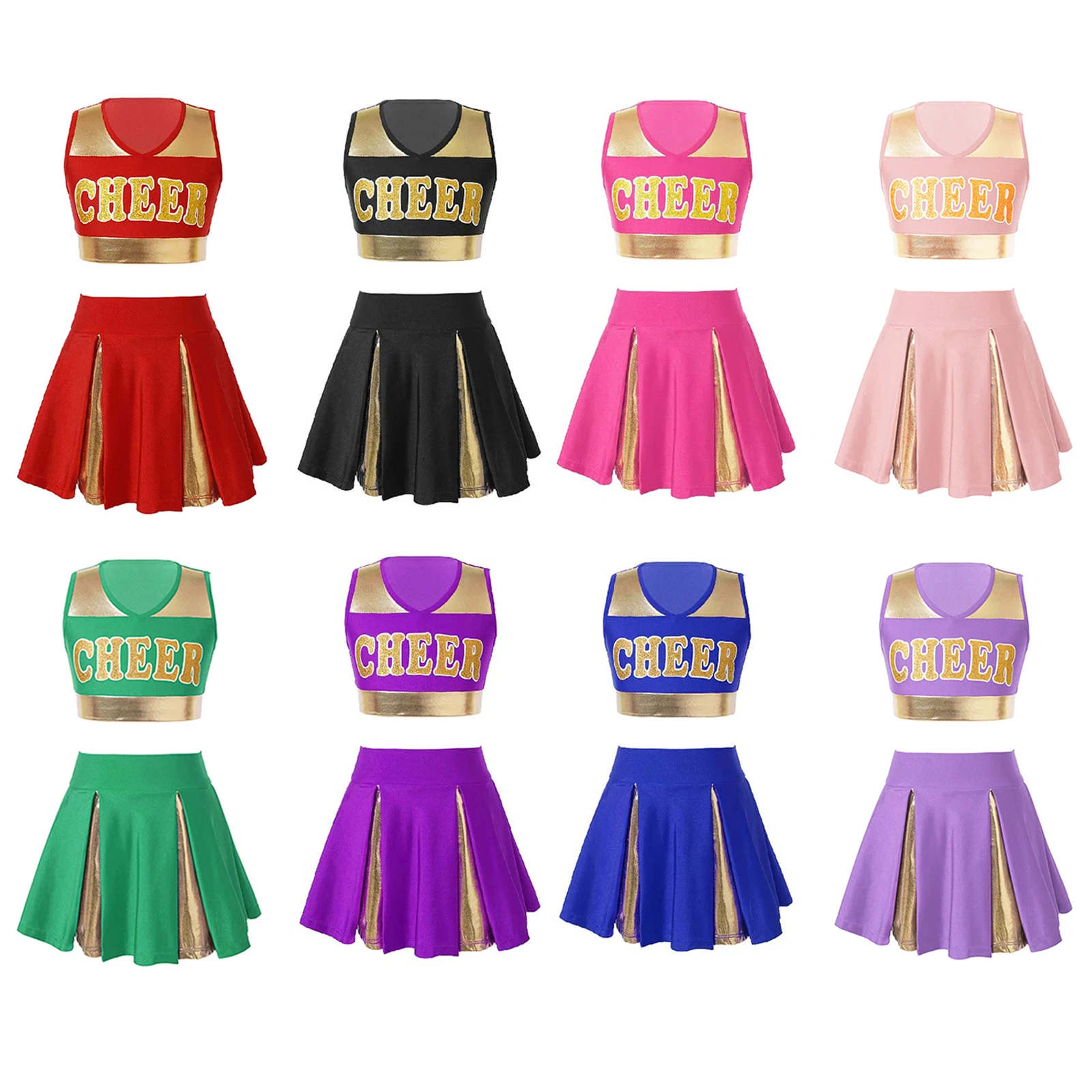 Детская одежда для танцев в стиле пэчворк для девочек, Укороченный топ с V-образным вырезом и буквенным принтом, юбка с эластичным поясом, форма для болельщиц