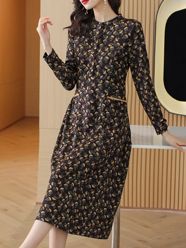 Элегантное Повседневное винтажное платье Миди 2022, Осенние вечерние платья с модным Принтом, Женское вечернее облегающее вязаное платье с длинным рукавом