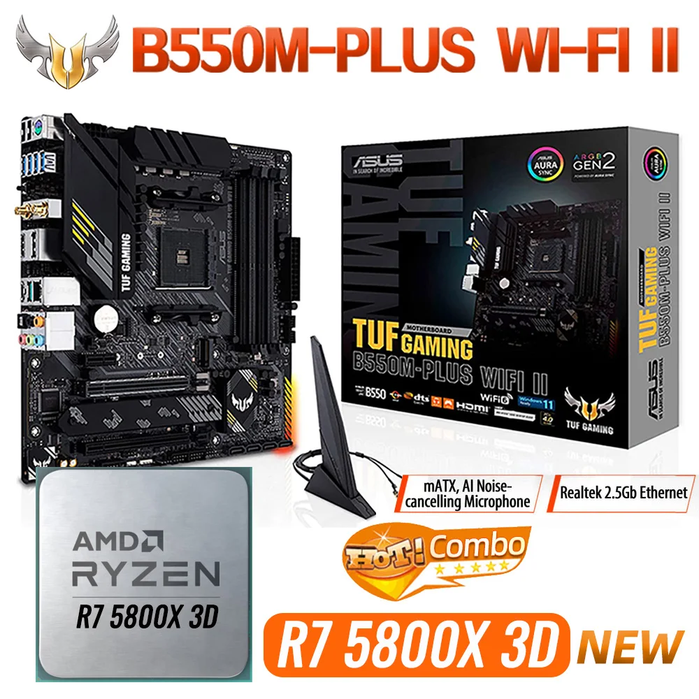 Разъем AM4 ASUS TUF GAMING B550M PLUS WIFI II Материнская плата Подходит Для Ryzen 7 5800X 3D AM4 Комплект процессоров AMD B550 Mainboard Combo 5800X
