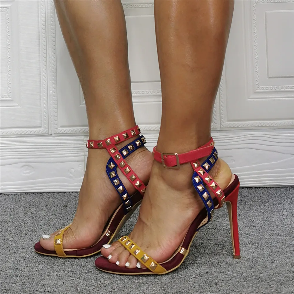 Летние Босоножки на высоком каблуке с Заклепками и Заклепками, Женская обувь для выпускного Вечера, Женские разноцветные сандалии на шпильке