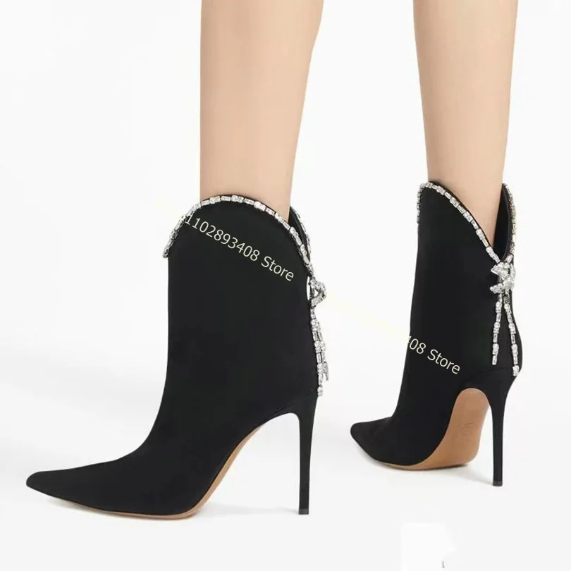 Ботинки без шнуровки из Флока с острым носком, Украшенные Кристаллами, на очень высоком Каблуке в Британском Стиле, Пикантная Женская Обувь Большого Размера 2023, Zapatos Para Mujere