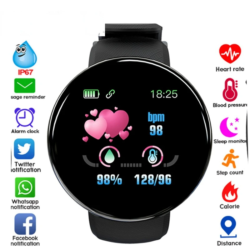 Смарт-часы D18, Пульсометр, фитнес-трекер, Мужской Женский смарт-браслет, Водонепроницаемые спортивные смарт-часы для Android Ios