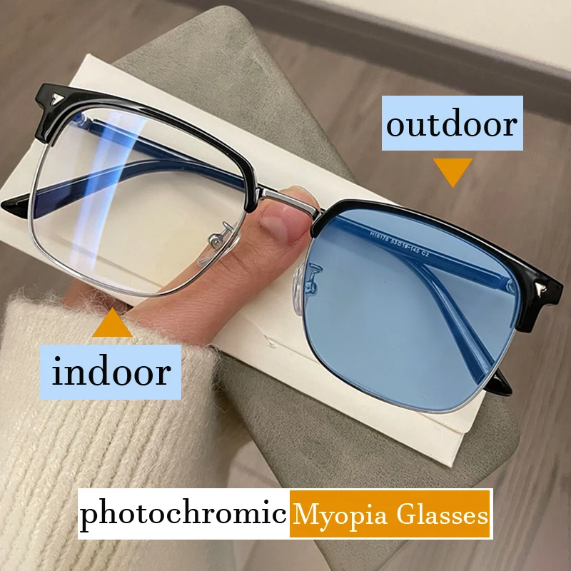 Новые деловые полукадровые фотохромные очки для близорукости, изменяющие цвет солнцезащитных очков на открытом воздухе, готовые очки для близорукости с диоптриями