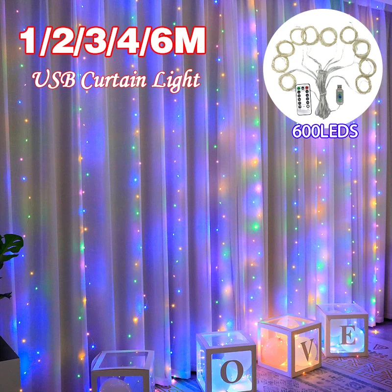 6 М светодиодная занавеска, гирлянда на окно, USB Питание, сказочные огни, Гирлянда с пультом дистанционного управления, Новогодняя гирлянда, светодиодные фонари, Рождественское украшение