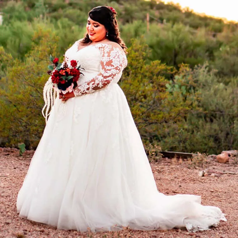 Новейшие Великолепные Свадебные платья для Новобрачных с кружевами большого размера и длинным рукавом, свадебные платья с иллюзией шеи Бато для невесты, аппликация на спине