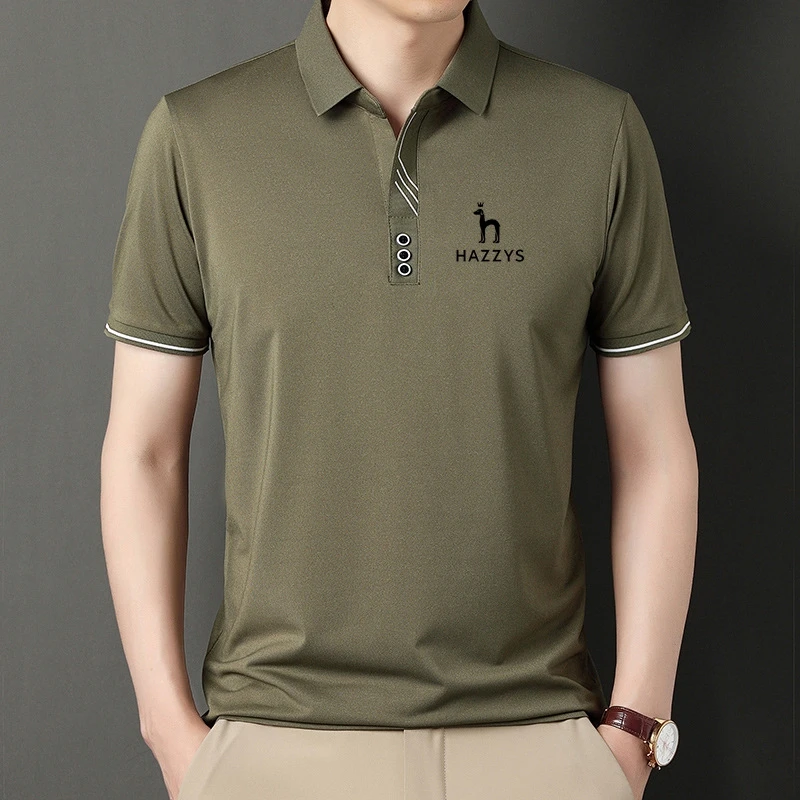 Летние Мужские рубашки поло, быстросохнущие Рубашки, Короткий рукав, Лацканы со штампом HAZZYS, Простая рубашка для мужского самосовершенствования, Размер M-4XL