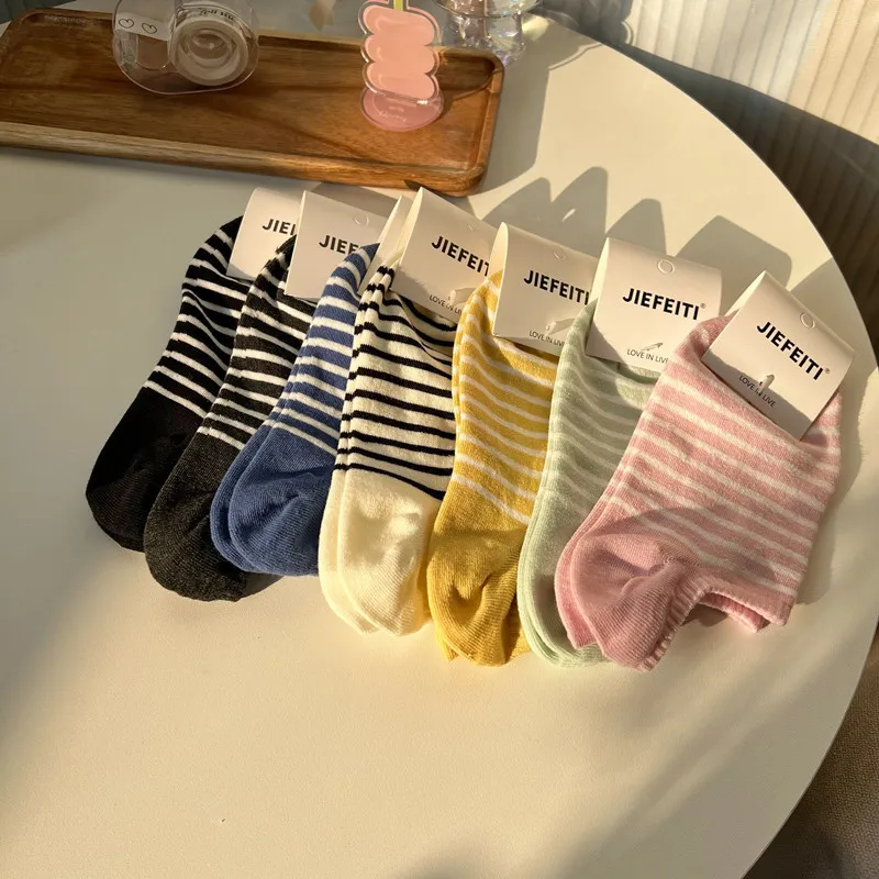 Разноцветные полосатые носки для детей в японском стиле Ins. Универсальные носки-лодочки. Тонкие, не спадающие носки-невидимки из чистого хлопка на каблуке