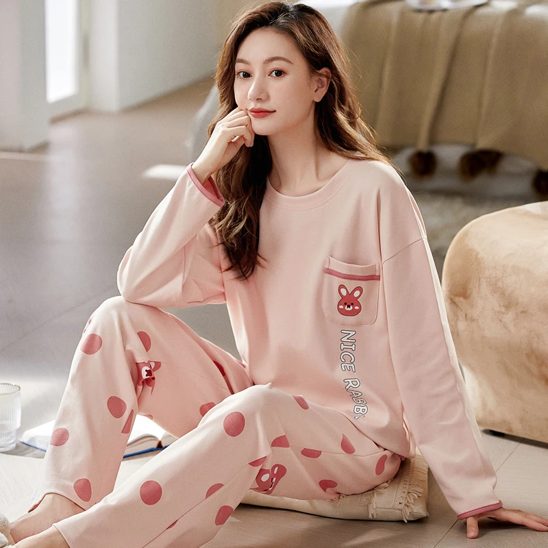 Женская хлопковая корейская версия, милый комплект из двух предметов большого размера с длинным рукавом, летняя, осенне-зимняя домашняя одежда для студентов