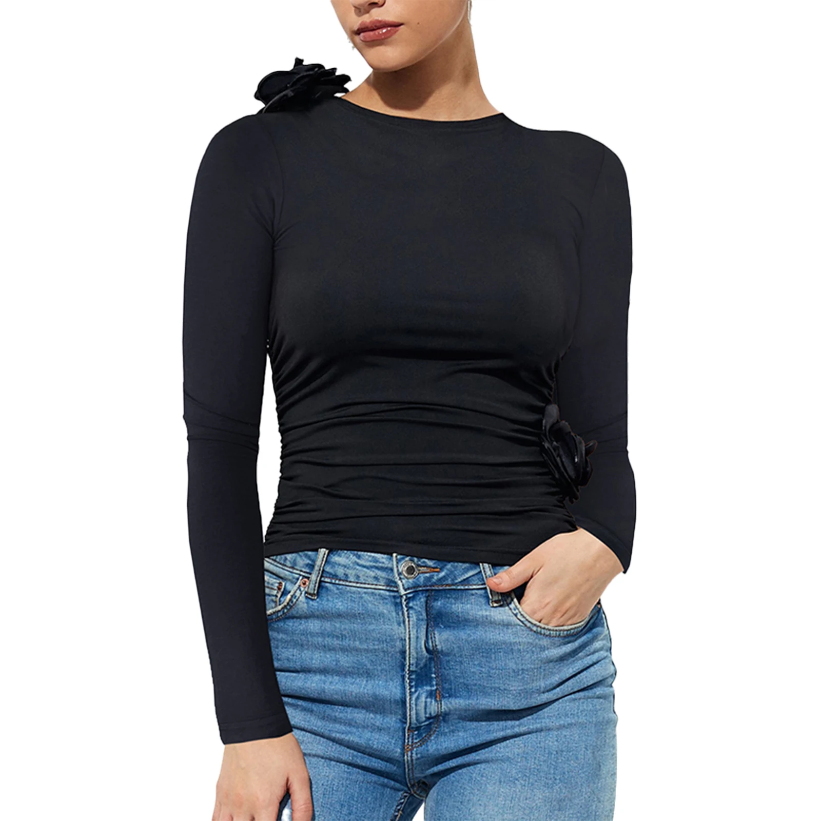 Женская футболка с длинным рукавом и круглым вырезом в виде 3D цветка, облегающие женские повседневные топы, уличная одежда на весну-осень
