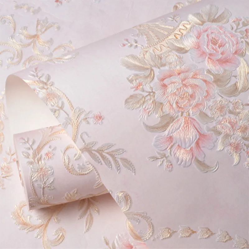 53x300 см Нетканые самоклеящиеся обои с тиснеными цветами для украшения гостиной, розовые 3D обои для домашнего декора