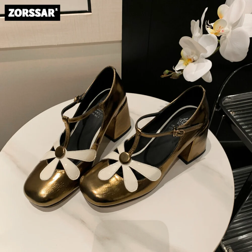 Новинка 2023 года; Женская обувь Mary Jane из натуральной кожи; Женские туфли-лодочки на высоком каблуке с Милым Цветком; Винтажная обувь в японском стиле 