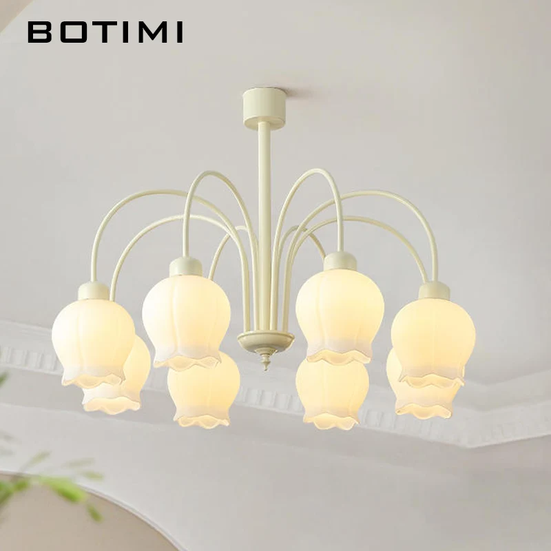 BOTIMI Современная цепная люстра с белым цветочным стеклом, абажуры для гостиной, Металлические люстры, спальня, 6 светильников, потолочный светильник