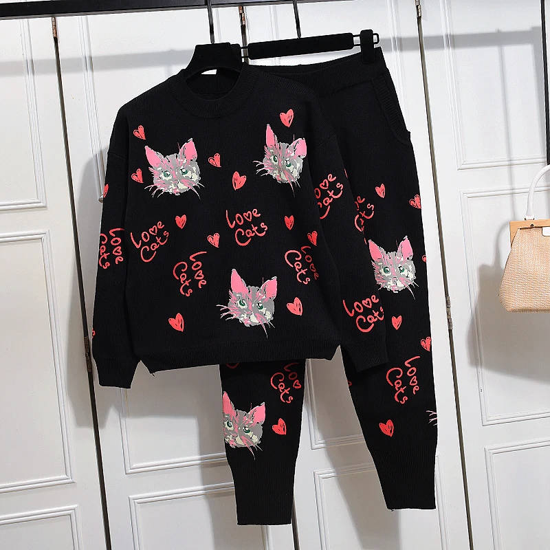 Шикарные вязаные комплекты 2019, весенне-осенние свитера с милым котом + повседневные брюки, комплект из двух предметов, женский костюм для отдыха G065