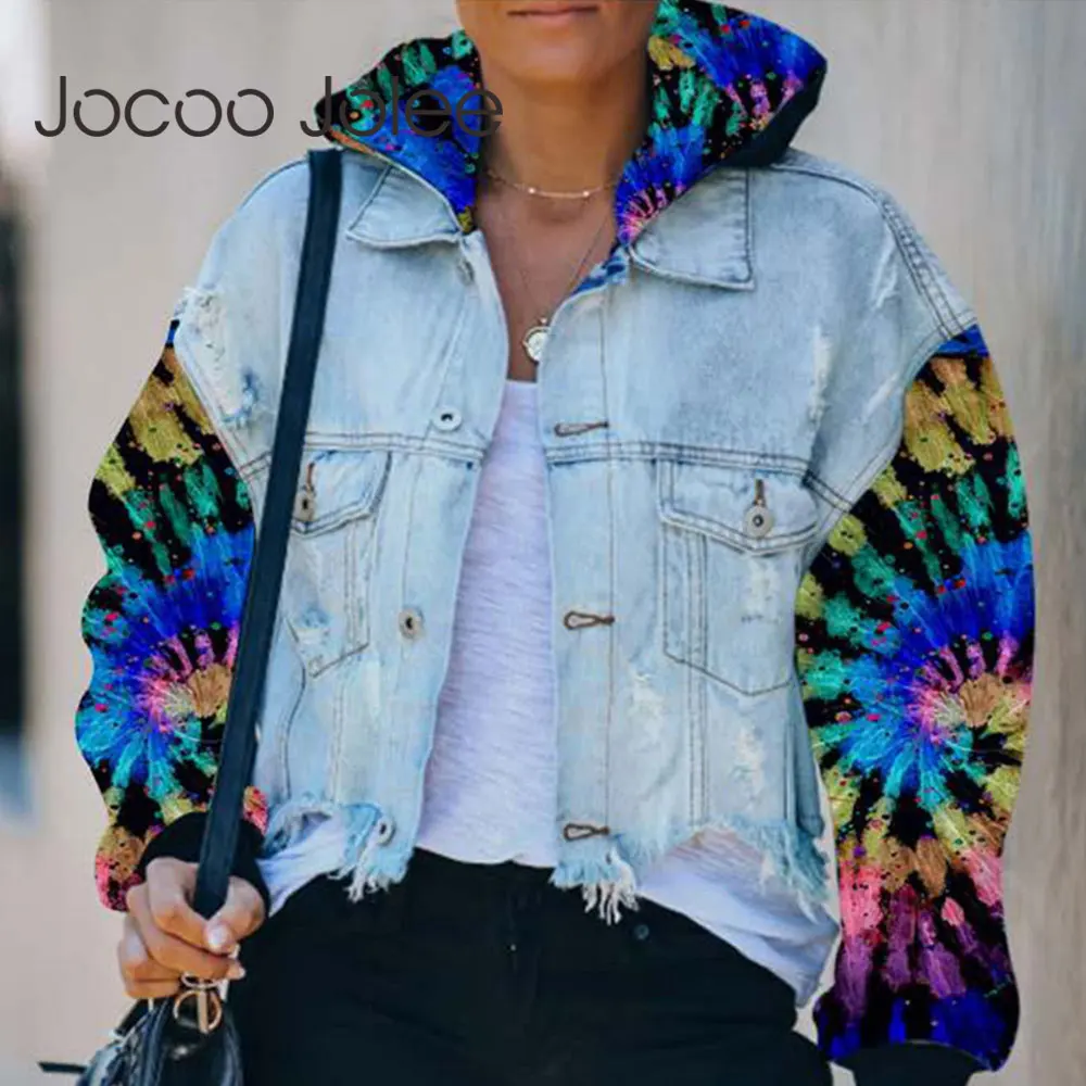 Jocoo Джоли Мода Галстук Краситель Лоскутное Джинсовое Пальто, Винтажные Рваные Кисточкой В Стиле Бойфренд Джинсовые Куртки Batwing Свободные Пальто 2020