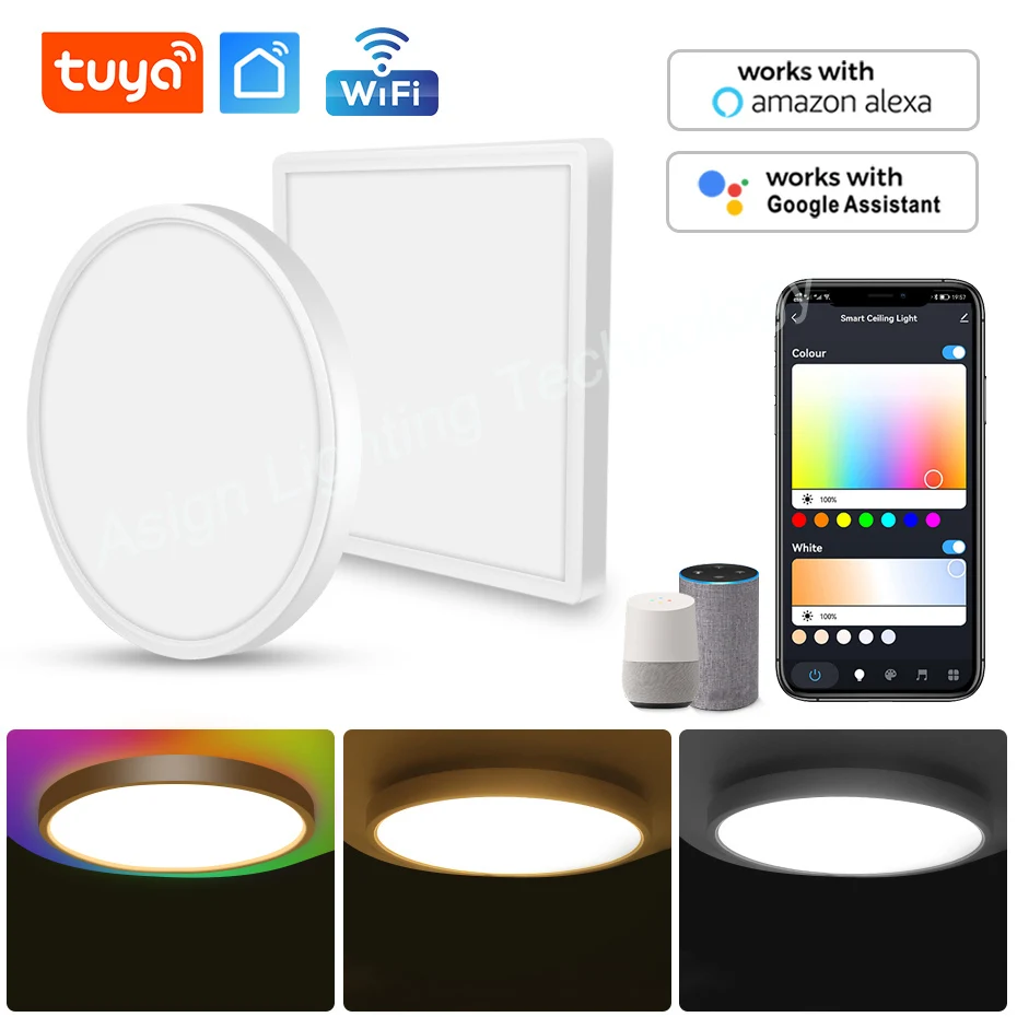 Умный потолочный светильник Tuya WiFi 40 Вт RGB + CW + WW с регулируемой яркостью, совместимый с Alexa Google для украшения спальни, гостиной