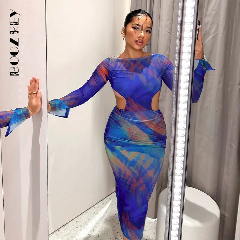 BoozRey Новое Облегающее платье с голубым принтом и прозрачными сетчатыми рукавами, вечерние Клубные Сексуальные Длинные Платья с вырезом без спинки для женщин 2023