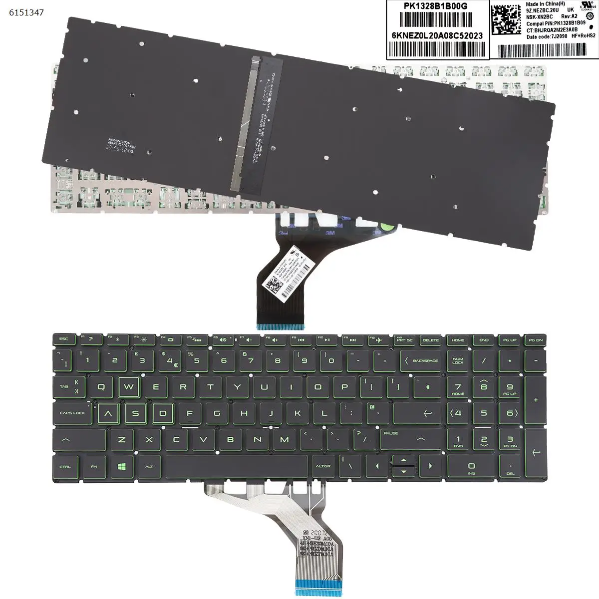 Клавиатура для ноутбука HP 15-da0740ns 15-da0742ns 15-da0743ns 15-dw0027ns ЧЕРНАЯ с подсветкой, Маленький ввод с зеленой стороны