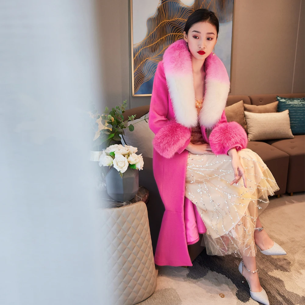 Новинка 2020, пальто из смесовой кашемировой шерсти розового цвета X-long с натуральным мехом с воротником и манжетами из натурального лисьего меха