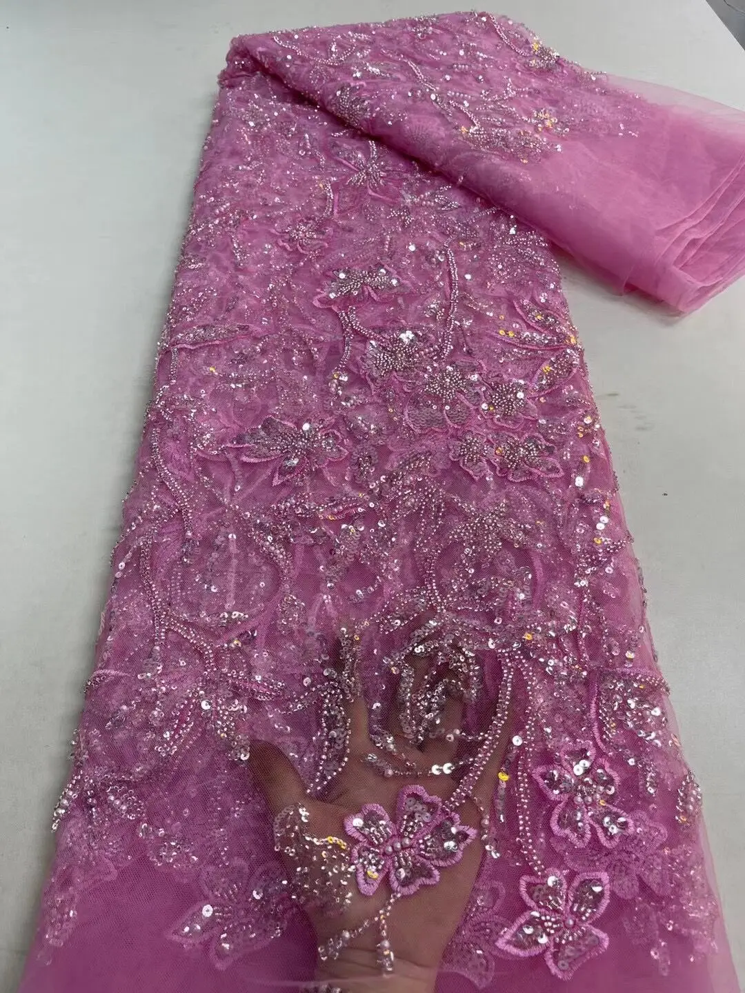 Кружевная Ткань С Пайетками SYJ-1228318 С Бисерными Пайетками Для Свадебного Платья Роскошное Вечернее Платье Французского Производства