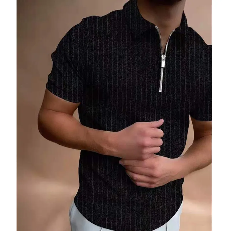 Летняя однотонная рубашка поло, повседневный дышащий мужской топ, полосатый деловой мужской топ на молнии с короткими рукавами