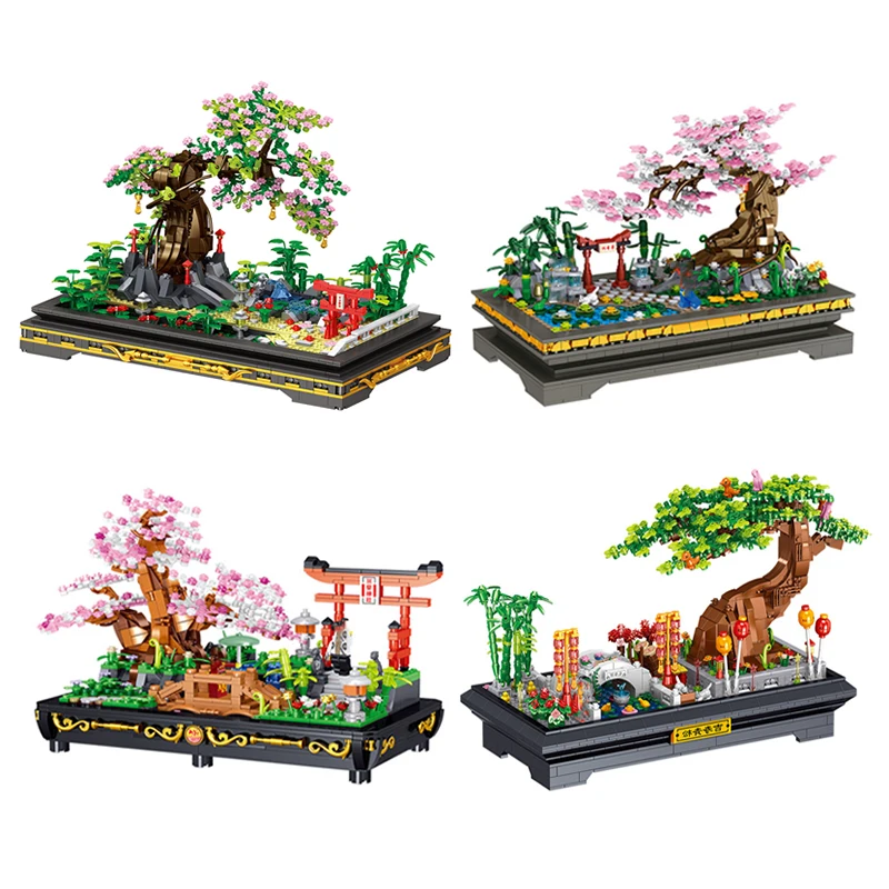 Мини-сад Бонсай, строительный блок, Павильон из цветущей вишни, сосны, 3D модель, кирпичное растение, украшение дома в горшках, детская игрушка в подарок