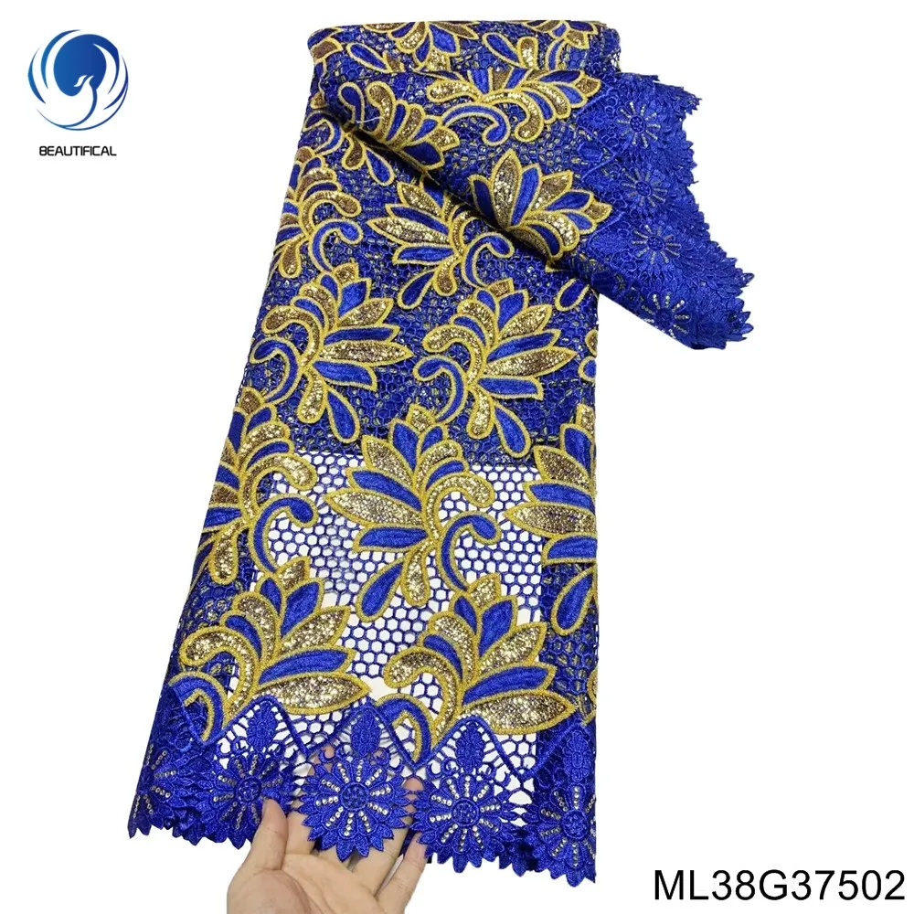 Новейшая Африканская Ткань 2023, Высококачественное Поп-Шитье, Кружевное Водорастворимое Платье из 100% полиэстера Синего Цвета в Нигерийском стиле, Вечернее Платье ML38G375