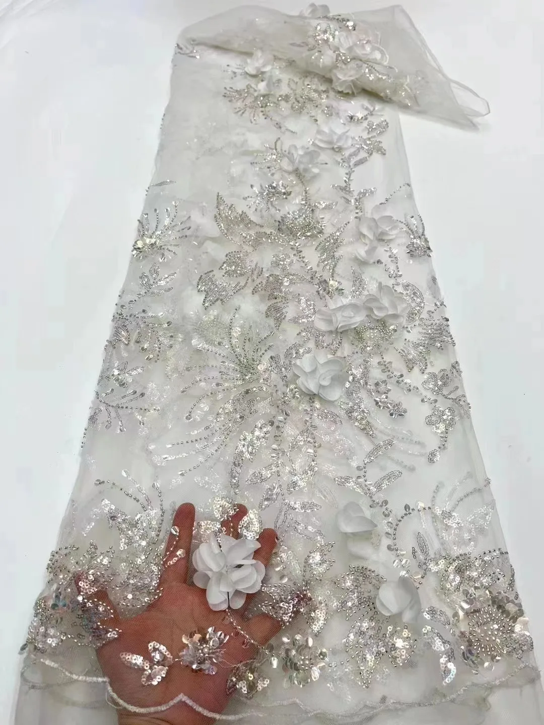 Белые 3D Цветы Африканская Кружевная Ткань С Вышитыми Бисером Блестками Французская Кружевная Ткань Аппликации Тюлевое Кружево Для Новобрачных Свадебное Вечернее Платье