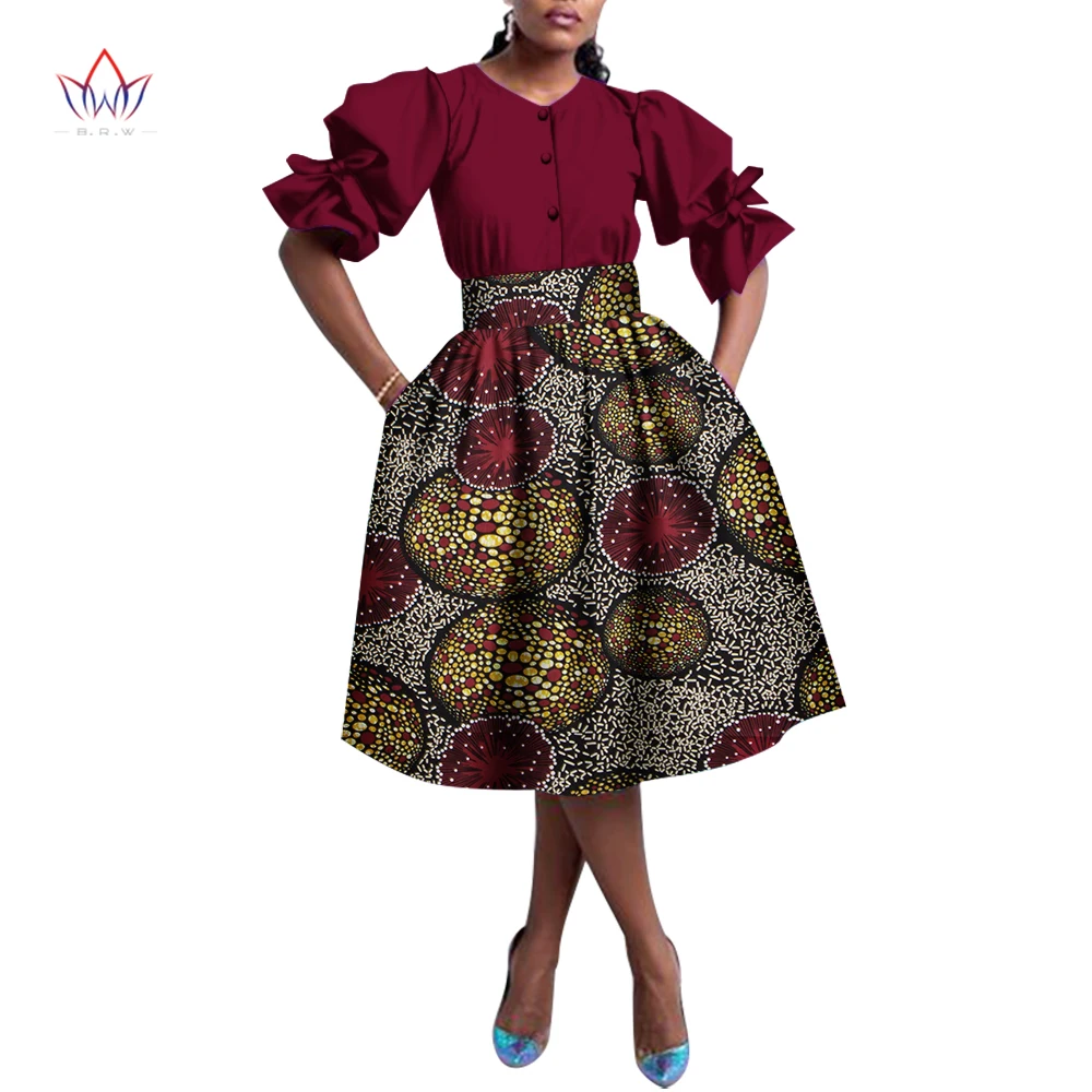 BRW Индивидуальный Традиционный Африканский Комплект Юбок для Женщин, Африканское Женское Платье, Элегантный Тренч, Пуговицы, Рубашки и Юбка WY8298