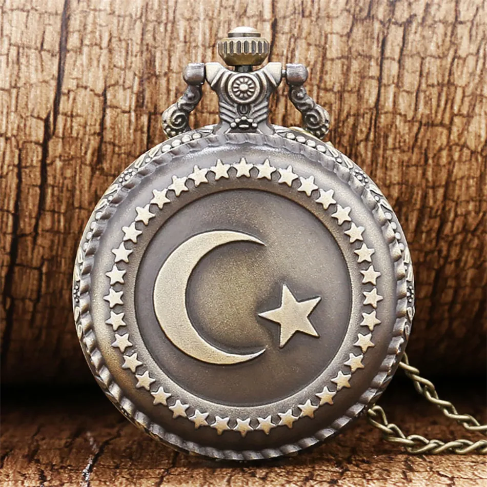Бронзовый дизайн флага Турции, Луна, звезда, круг, кварцевые антикварные карманные часы для мужчин и женщин