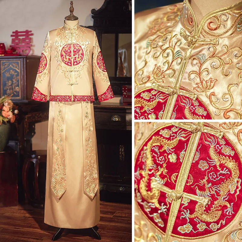 Мужская Золотисто-красная одежда Xiuhe, Китайское свадебное пальто с вышивкой Дракона, Большой Халат Эпохи Тан, Старинное Свадебное платье для Жениха, Халат