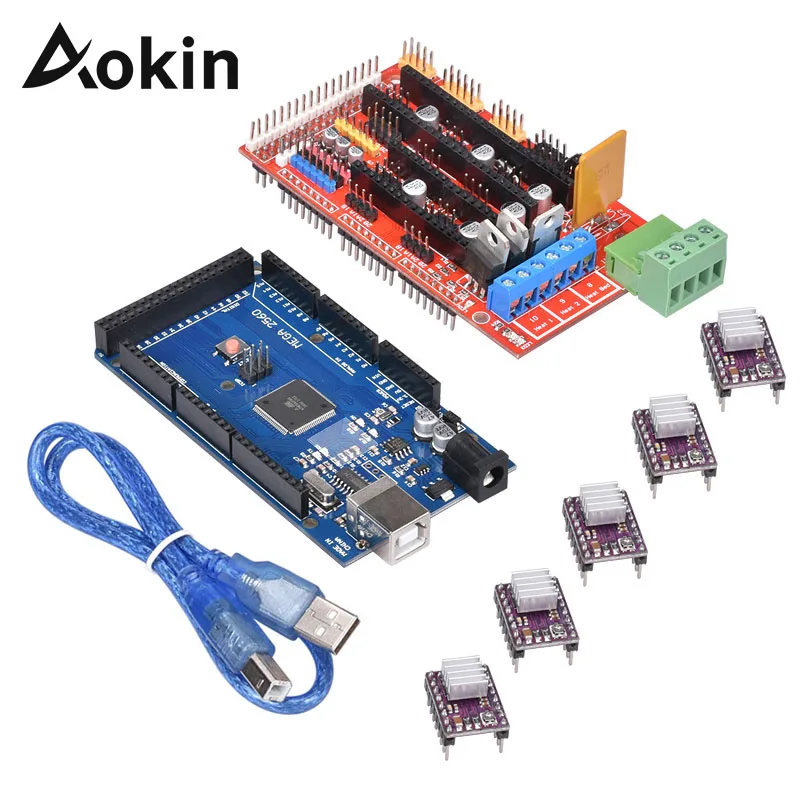 Aokin 1 шт. Mega 2560 R3 + 1 шт. RAMPS 1.4 Плата контроллера + 5 шт. Драйвер Шагового двигателя DRV8825 для 3D-принтера Reprap RAMPS 1.4 Комплект