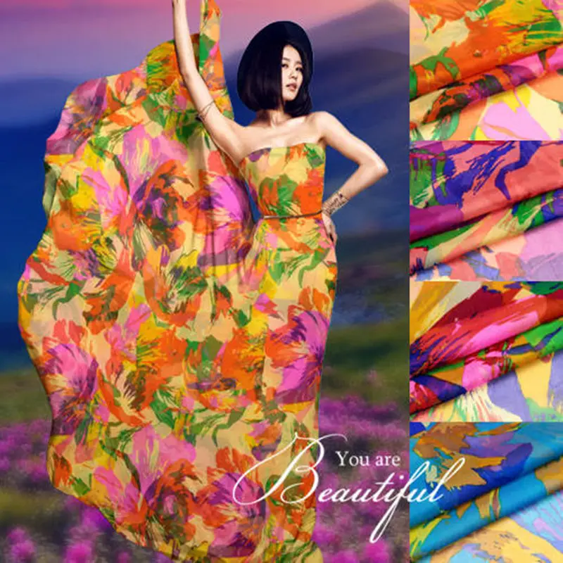 высокое качество для летних платьев, Бесплатная доставка, 100% чистый шелк, шифоновая ткань, цветочный узор для шарфа, блузки f-BP21