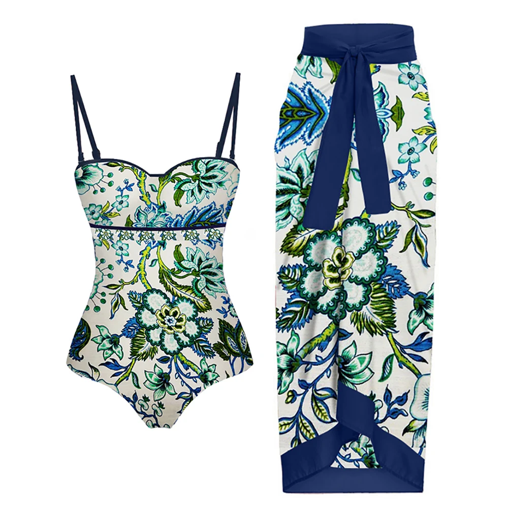 Модный винтажный купальник с цветочным принтом и сокрытие, приморский купальник на бретелях, летняя пляжная одежда с открытой спиной, комплект для плавания
