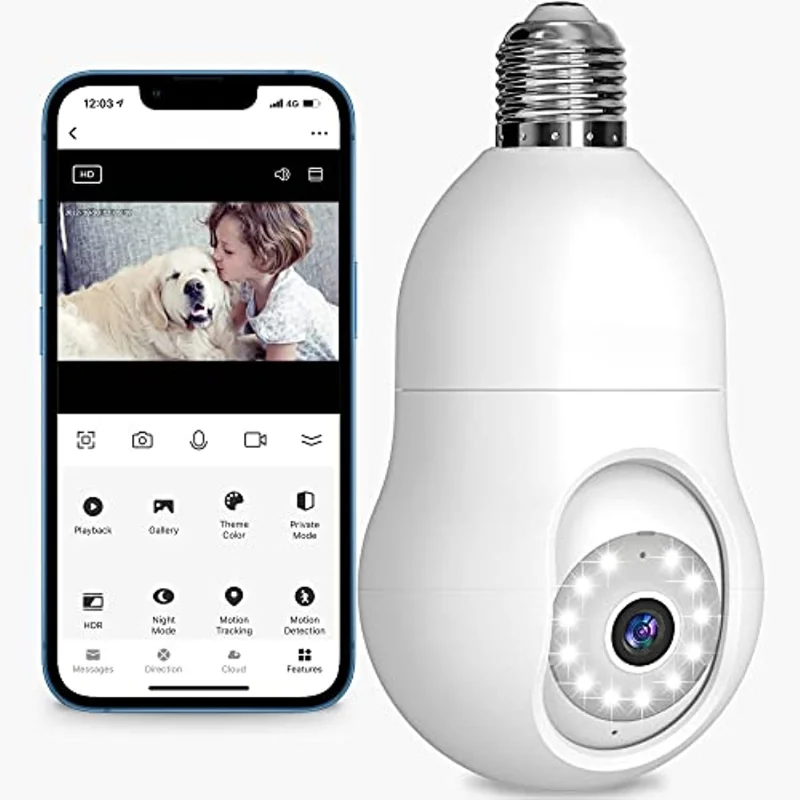 4-мегапиксельная камера безопасности с лампочкой 2,4 ГГц 360 ° 2K Камеры безопасности WiFi Наружная полноцветная система обнаружения движения, совместимая с Alexa Proy
