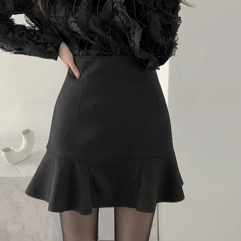 Юбки LJSXLS, женские весенне-осенние юбки с оборками, тонкая мини-юбка трапециевидной формы, однотонная Английская черная Женская корейская модная женская одежда