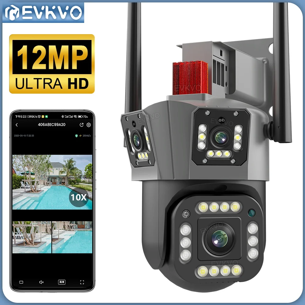 EVKVO 6K 12MP Трехобъективная WIFI PTZ Камера 4K Трехэкранная Наружная AI Human Auto Tracking Security CCTV Камеры Видеонаблюдения