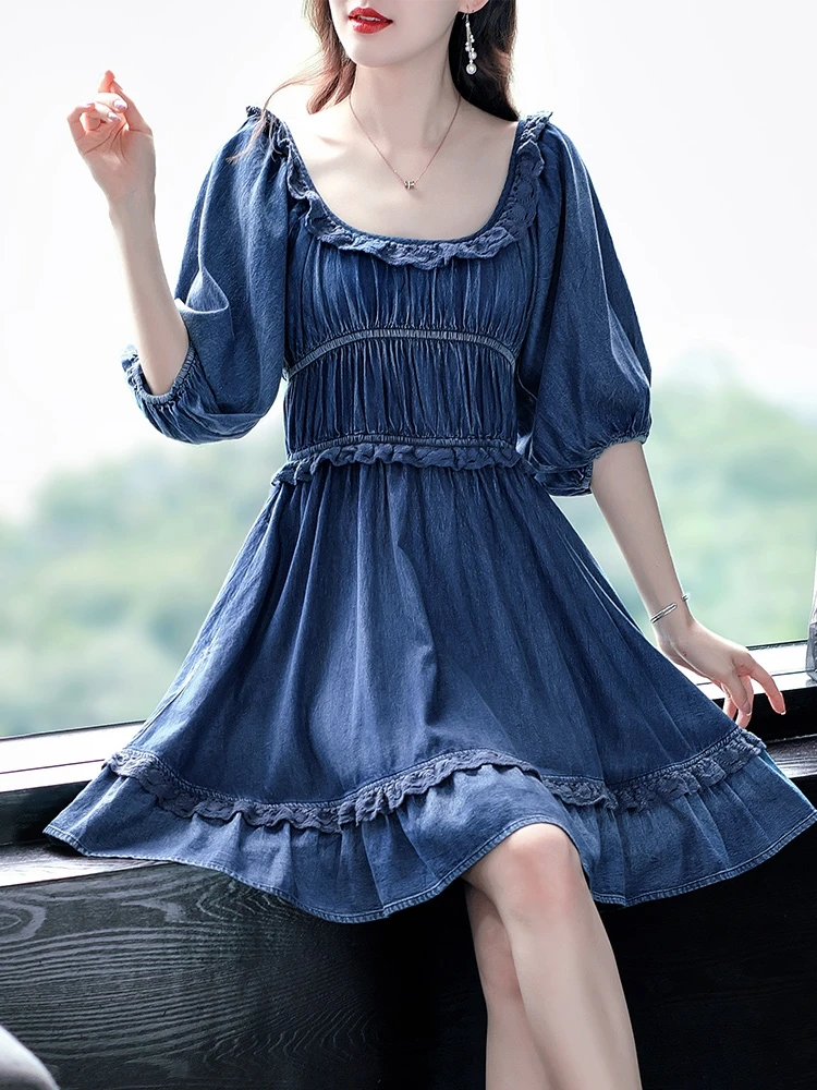 TIYIHAILEY Бесплатная доставка, модное винтажное женское короткое Мини-платье с рукавом-фонариком, хлопковое джинсовое платье M-XL с квадратным воротником на шнуровке