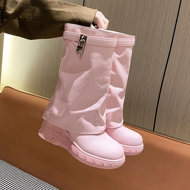 Женские ботильоны 2023 года, Модная водонепроницаемая обувь на платформе в британском стиле, Осенняя женская обувь из металла, Розовые брюки, Короткие ботинки