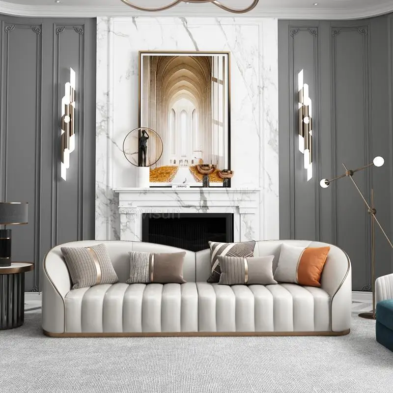 Креативный комплект кожаных диванов в американском стиле для гостиной, Белая Большая Вилла, Прямая комбинация из трех и четырех мест