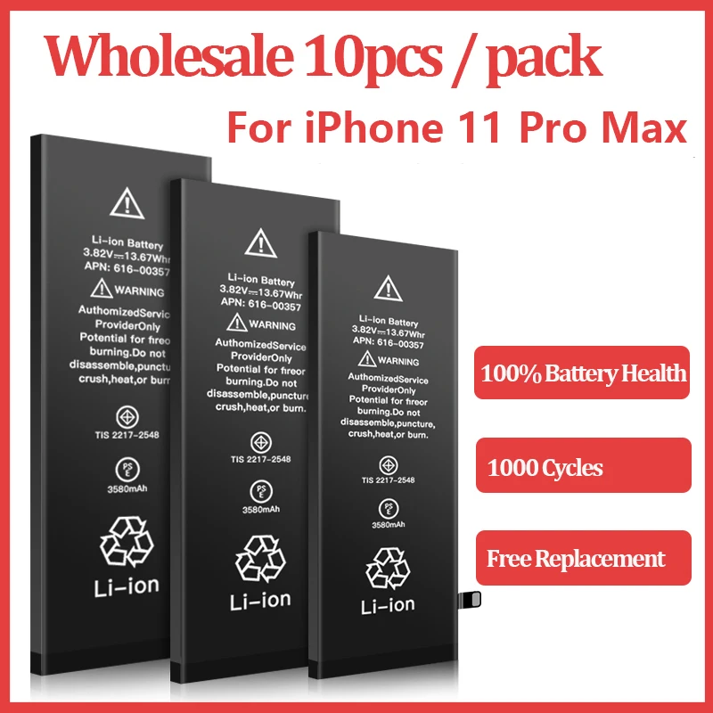10 шт./лот, оптовая продажа, 0 циклов, аккумуляторы для iPhone 11 Pro Max, сменные аккумуляторы для Apple С бесплатной наклейкой, водонепроницаемая рамка