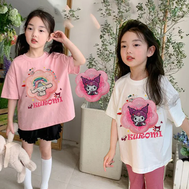Sanrio Аниме Kuromi Cinnamoroll/ Хлопковая футболка для девочек с рисунком Каваи, Топ с короткими рукавами и принтом блесток, Милый детский подарок