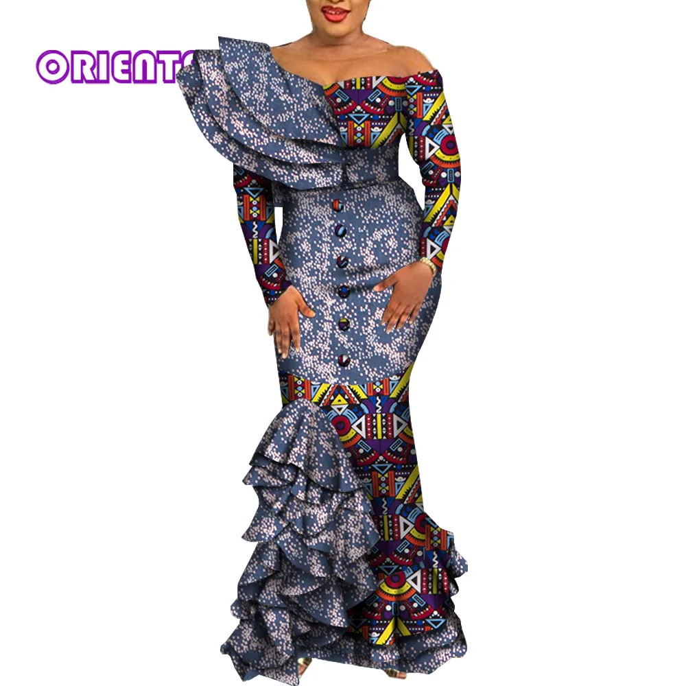 Африканские платья для женщин 2022 Элегантное облегающее Длинное платье Русалки С драпировкой и оборками, вечерние платья Дашики с африканским принтом WY5995