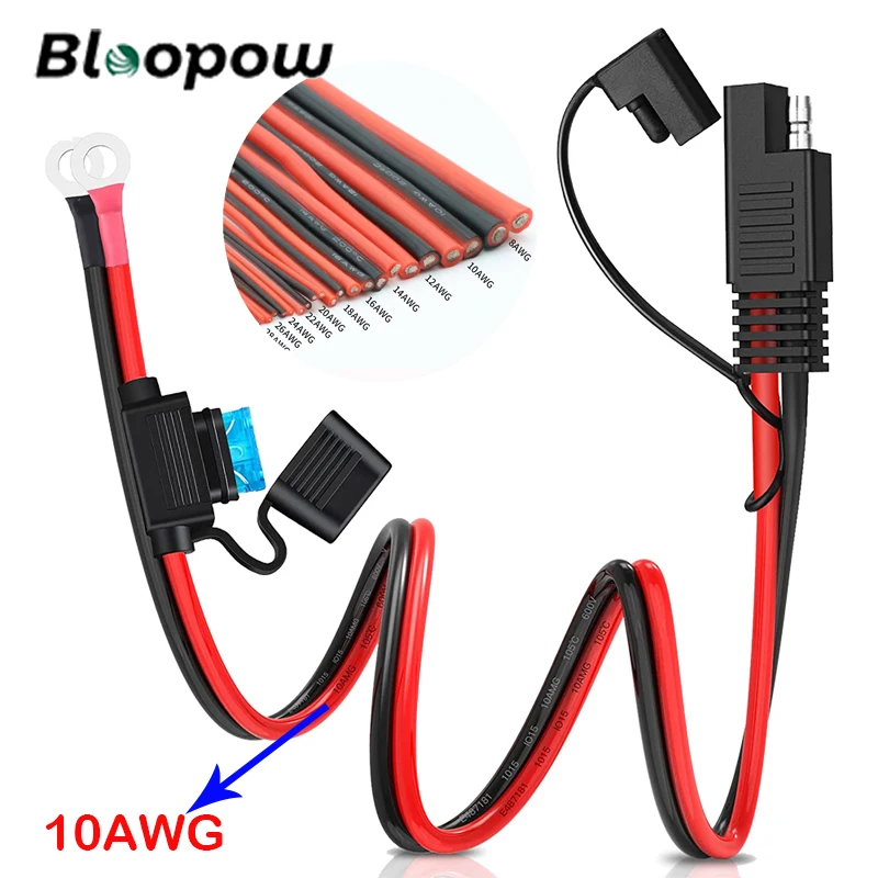 Разъем жгута проводов Bloopow 10AWG SAE с 2-контактным быстрым отсоединением к клемме уплотнительного кольца с предохранителем 15A для кабеля зарядного устройства автомобильного аккумулятора