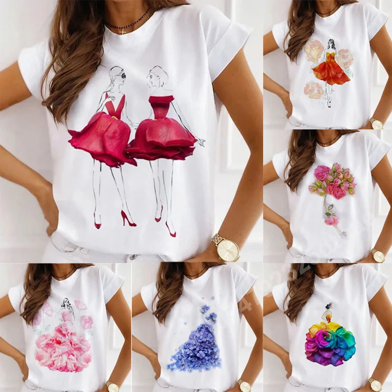 Женские футболки с рисунком розы, графические летние топы 90-х, женская повседневная одежда, футболка в стиле Харадзюку с коротким рукавом, футболка Оверсайз