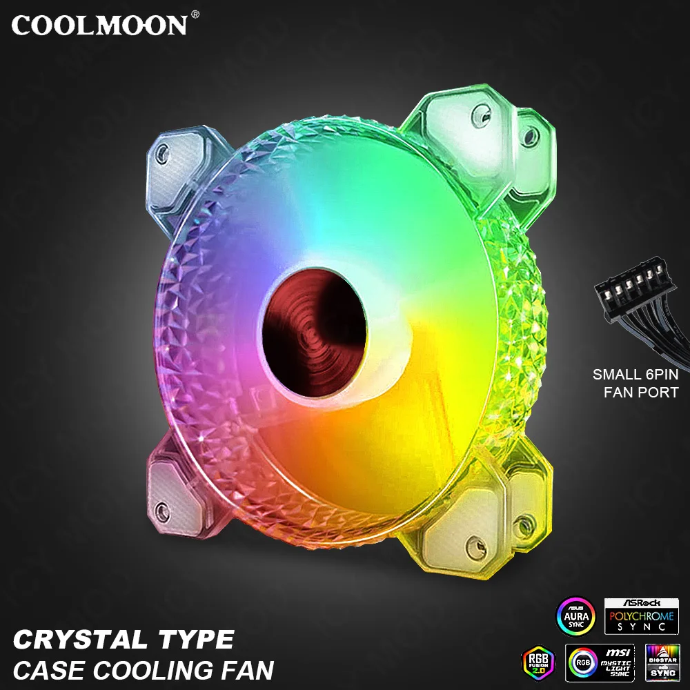 3 предмета, COOLMOON, 12 см, прозрачный вентилятор на шасси, Маленький 6-контактный интерфейс, 120 мм, бриллиантовый RGB-вентилятор, бесшумный вентилятор, AURA SYNC Diamond