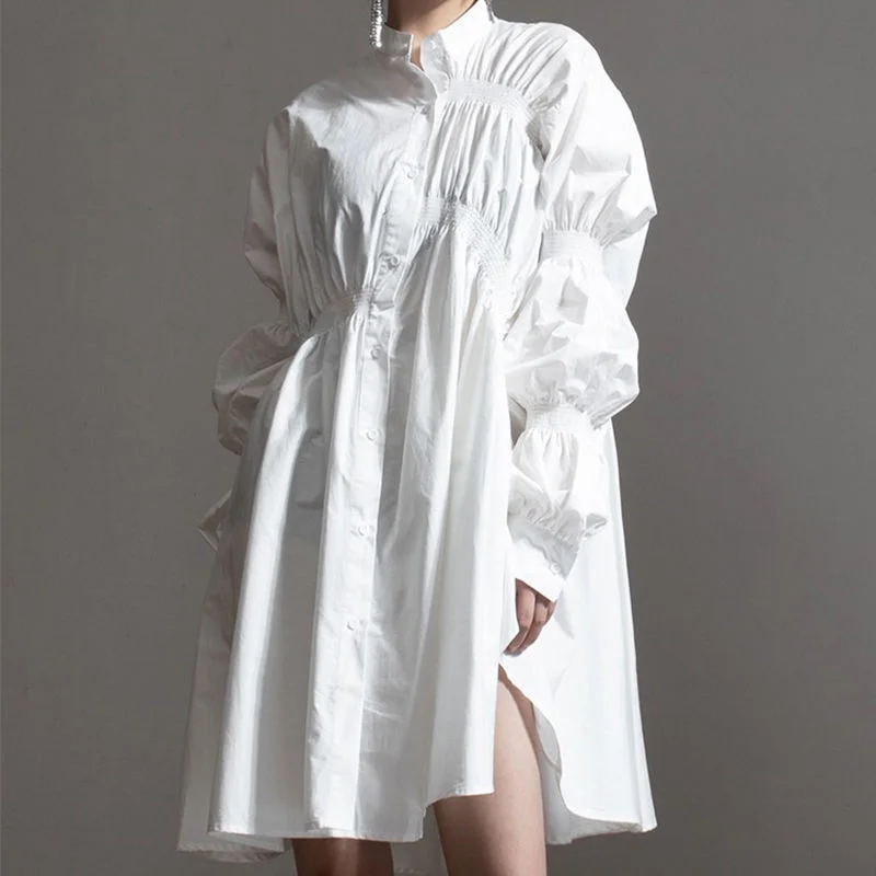 Плиссированное свободное платье элегантного однотонного французского нишевого дизайна, рубашка с рукавами-пузырями, юбка средней длины, свободная уличная одежда, корейские топы, эстетичный