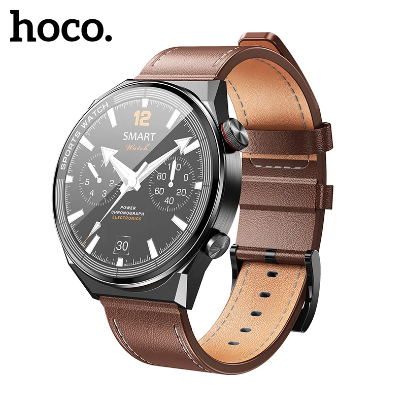 HOCO Y11 1,5-дюймовые смарт-часы Bluetooth 5,0, Мужские Часы с кожаным ремешком в деловом стиле, Мониторинг сердечного ритма IP68, водонепроницаемые
